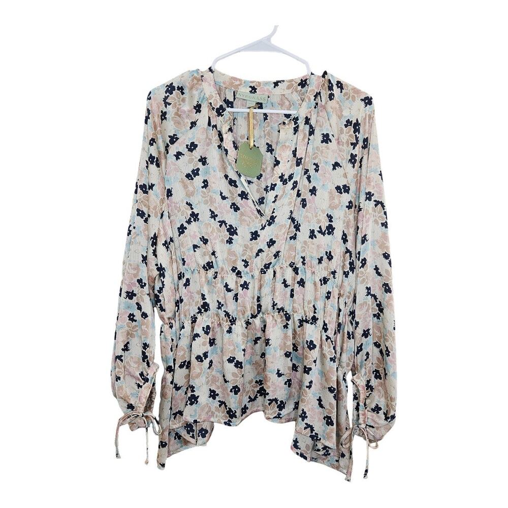 NEW Ryegrass Women's Floral Keyhole Tie Neck Blouse Cream Blue XXL